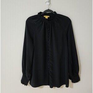 Catherine Malandrino Women Silk Ruffle Long Sleeve Button-Up Blouse Black Size L